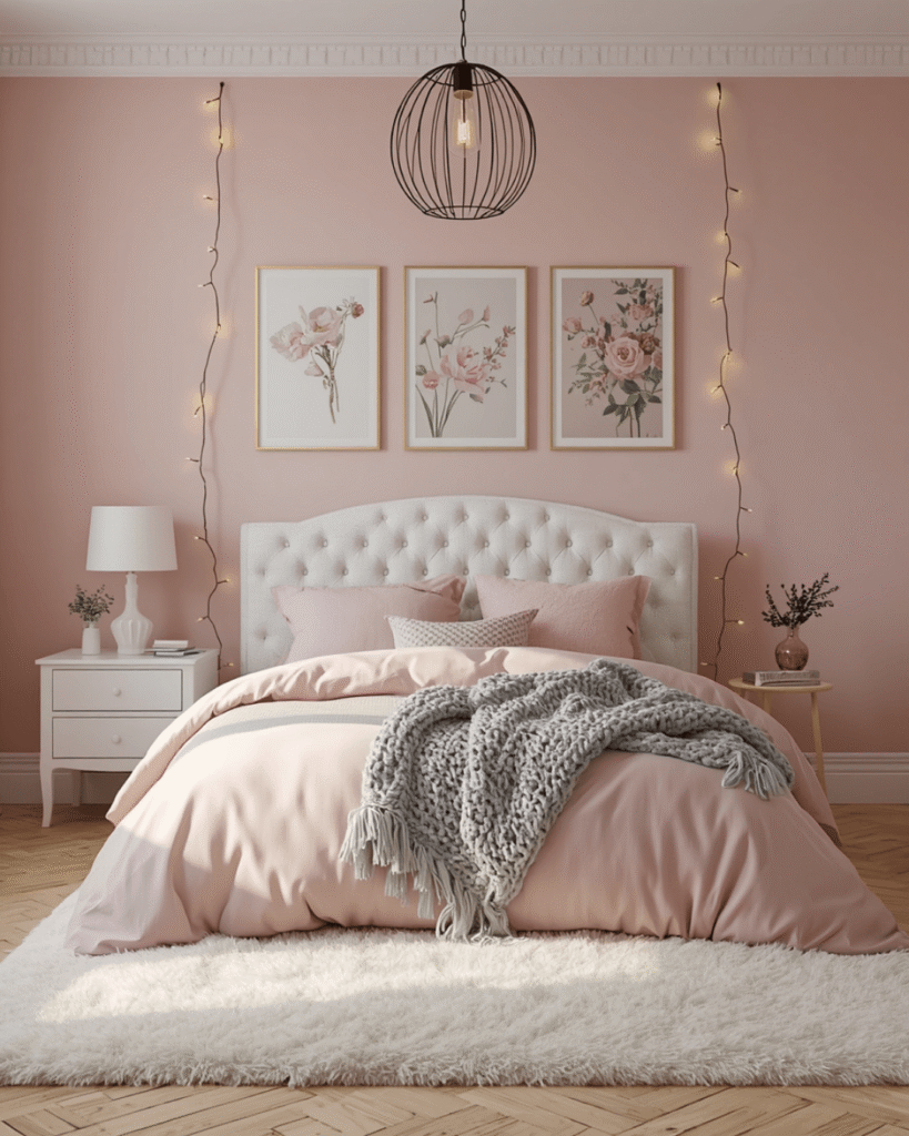 1. Cozy Pink Bedroom Decor Ideas with Fairy Lights and Soft Textures