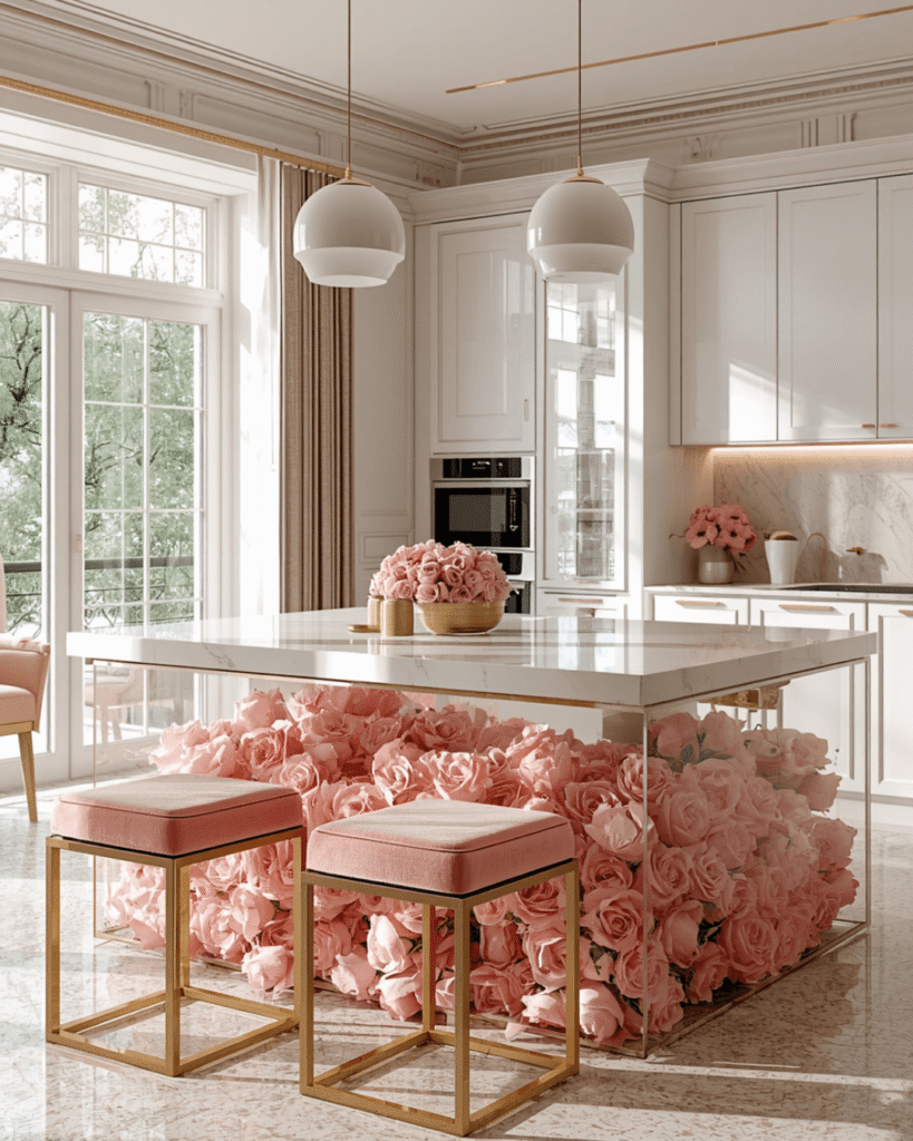 1. Elegant Pink Floral Kitchen Island Design