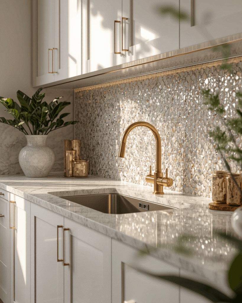 1. Elegant White Kitchen With Gold Faucet Design Ideas