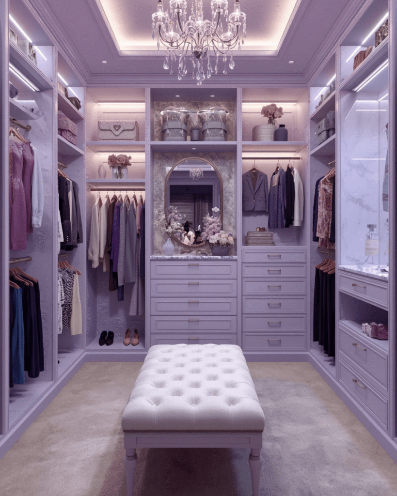 Luxury Walk-In Closet Design Ideas With Lavender Theme And LED Lighting