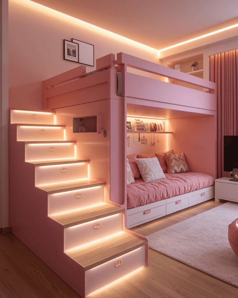 1. Modern Pink Bunk Bed Design with Storage and LED Lighting Ideas