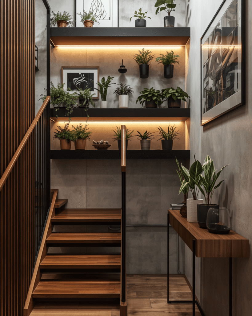 1. Modern Staircase Wall Decor Ideas with Plants and Frames
