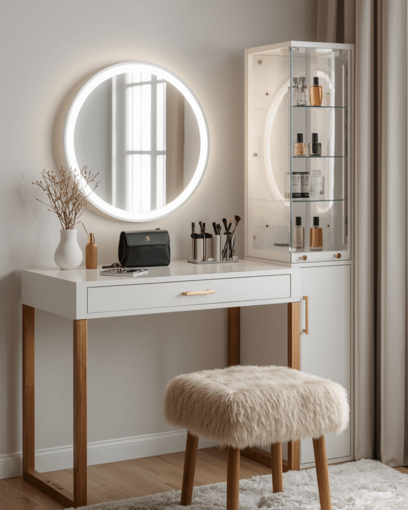1. Modern White Vanity Table with LED Mirror and Storage Cabinet Ideas