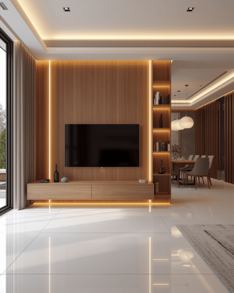  1. Modern Wooden TV Wall Design for Elegant Homes