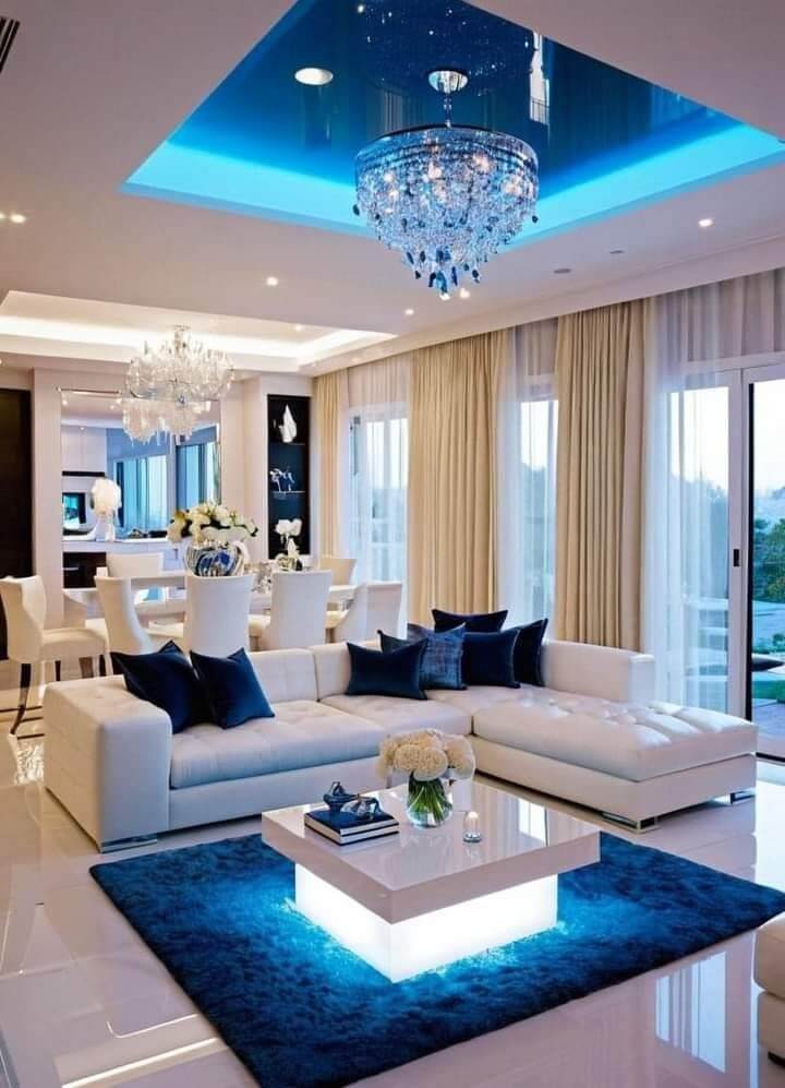 Modern Luxury Living Room Design With Blue And White Theme