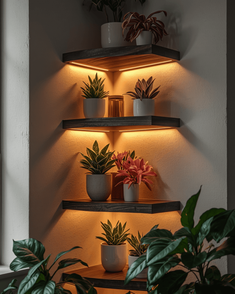 1.Small Corner Plant Shelf Ideas for Modern Homes