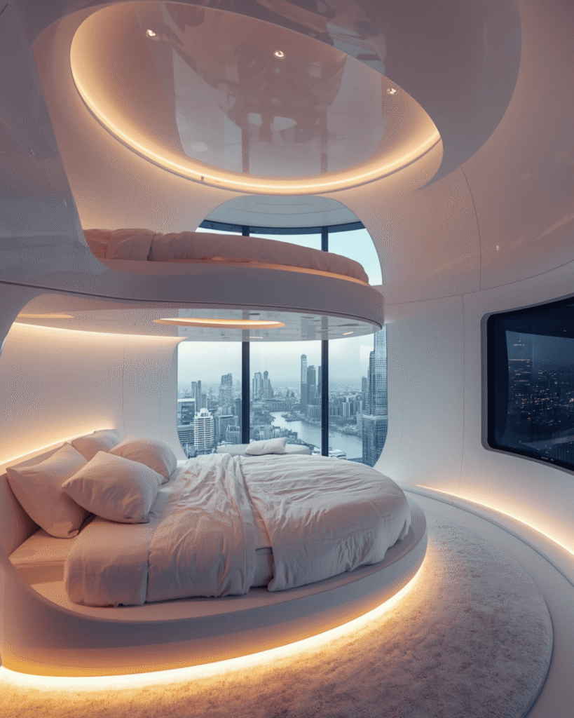 10. Elegant Futuristic Bedroom with Modern City View