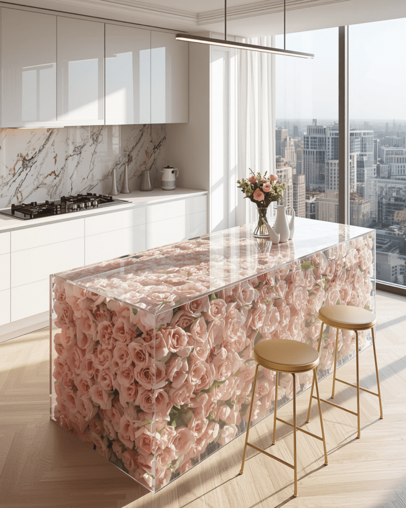 10. Elegant Rose-Themed Kitchen Island