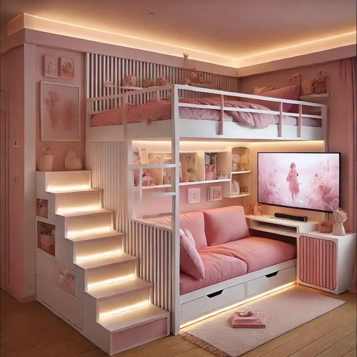 10. Luxury Pink Bunk Bed Design with Modern Interior Styling