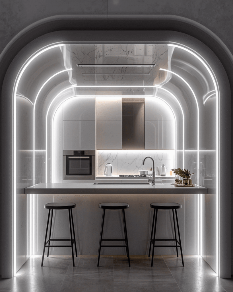 10.Stylish Modern Kitchen Setup with Soft LED Glow
