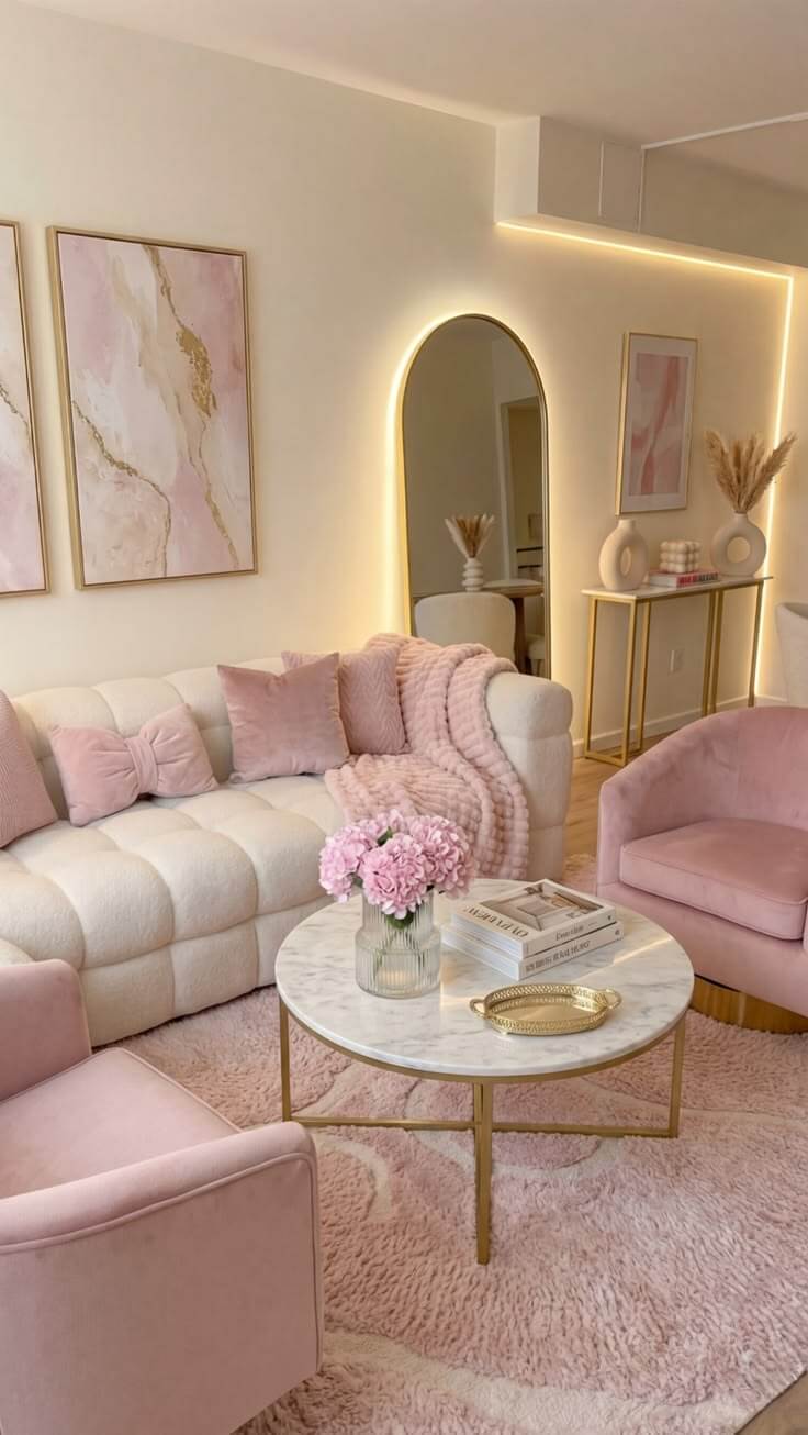 2. Cozy Feminine Living Room Design with Blush Pink and Gold Accents