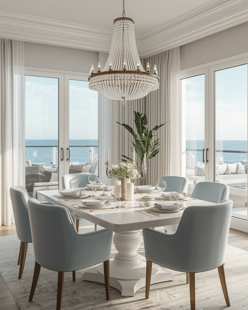 2. Elegant Blue and White Coastal Dining Room Inspiration
