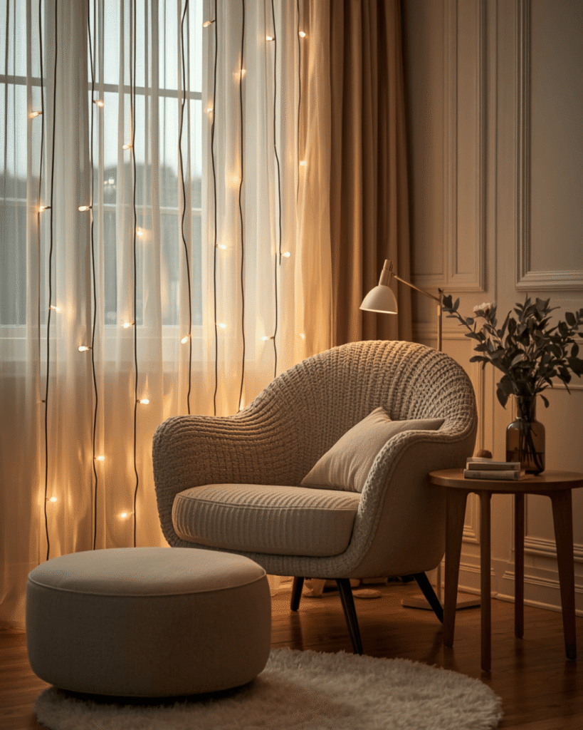  2. Elegant Cozy Corner with Plush Seating and Warm Lights