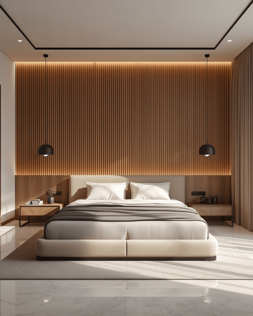 2. Elegant Neutral Bedroom Interior with Curved Wooden Accent Wall Design
