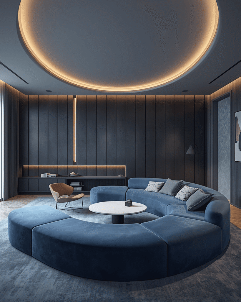 2. Futuristic Blue Living Room Design with Curved 