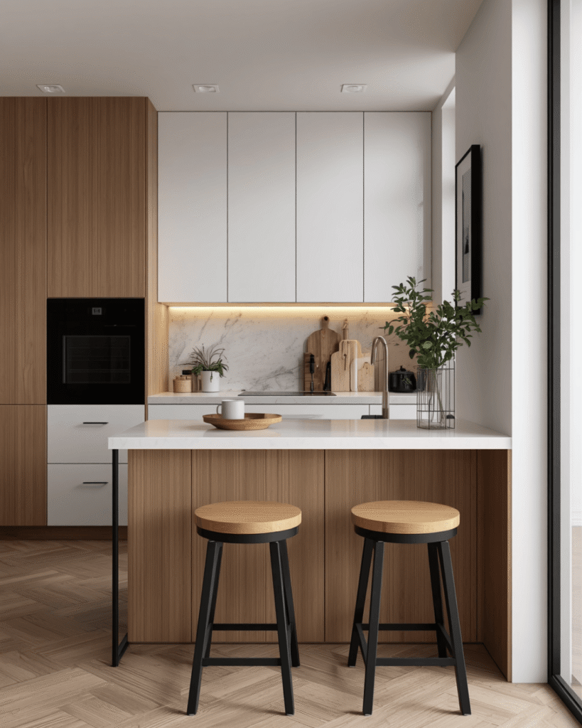 2. Luxury Compact Kitchen with Modern Wood 