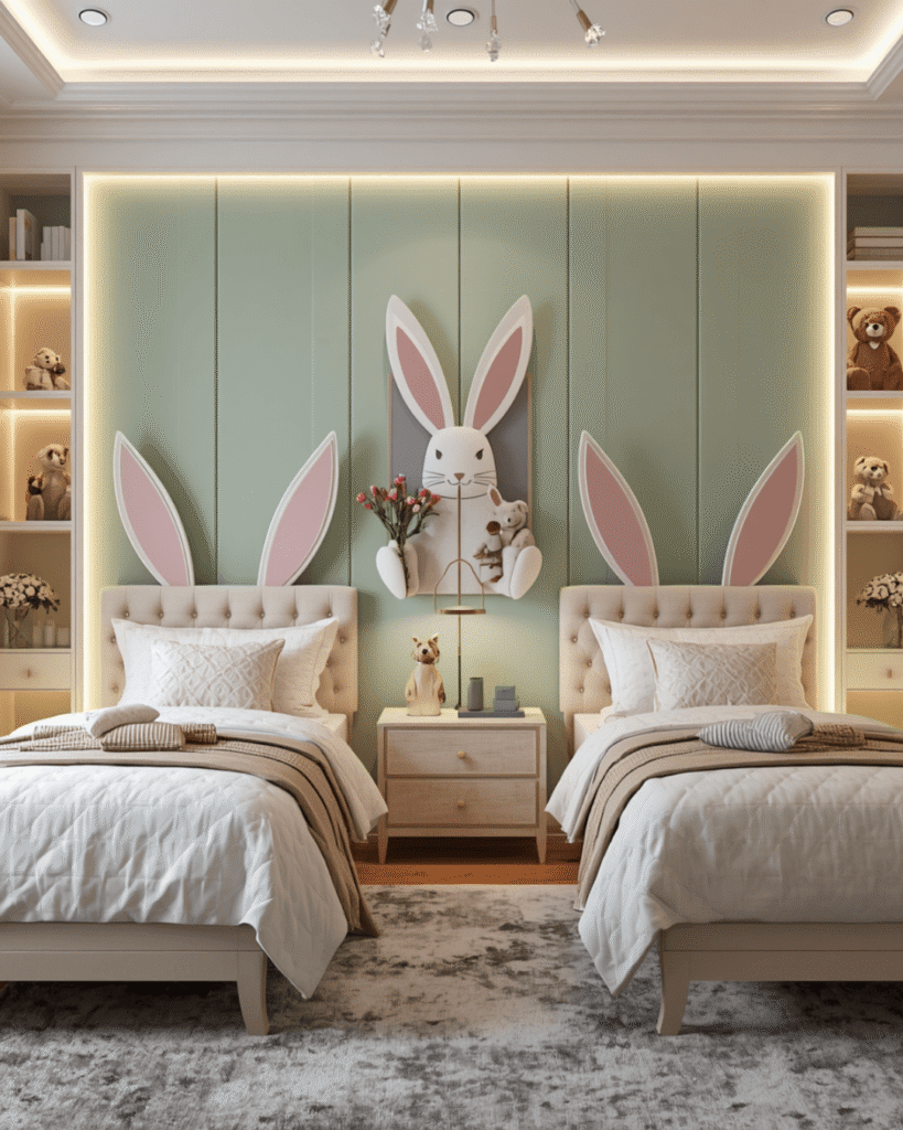 2. Luxury Twin Kids Room Decor with Bunny Headboards