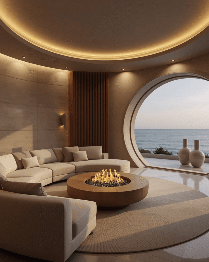 2. Modern Minimalist Living Room with Central Fire Pit