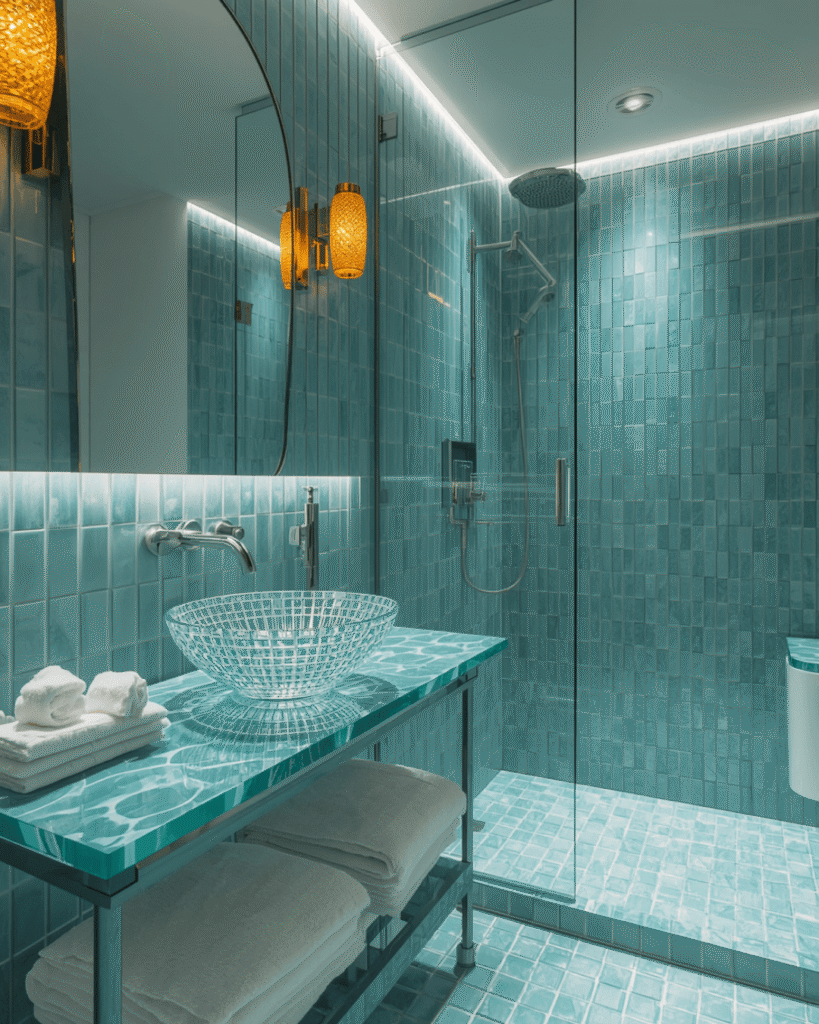 2. Modern Spa Bathroom with Glass Vanity Design