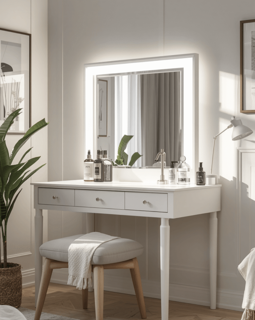 2. Small Bedroom Vanity Setup with LED Mirror and Organized Shelving