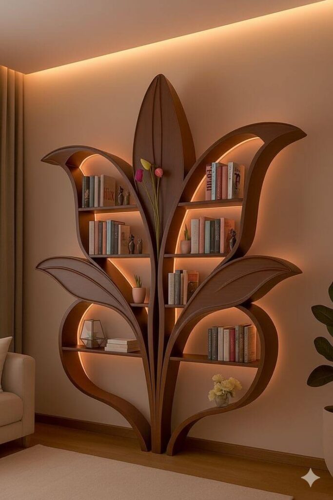 Modern Leaf Shaped Wooden Bookshelf With Warm Lighting For Elegant Home Decor