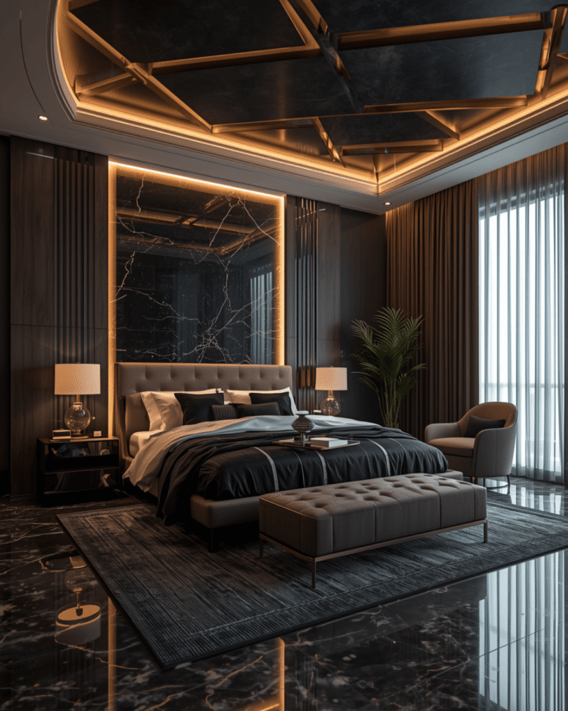 3. Contemporary Bedroom Decor with Geometric Wall 