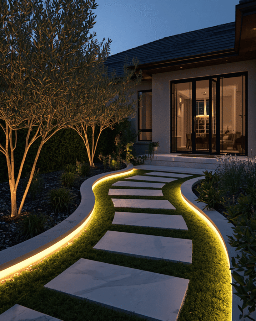 3. Cozy Garden Walkway Ideas with Warm LED 