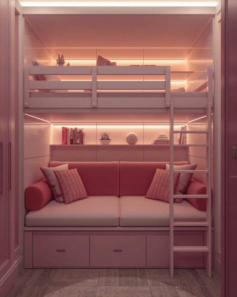 3. Cute Pink Bedroom Ideas with Bunk Bed and Cozy Lighting