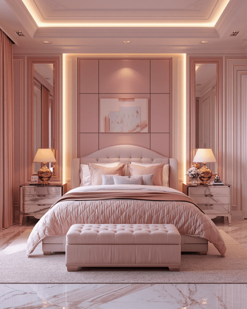 3. Elegant Pink and Gold Bedroom Inspiration