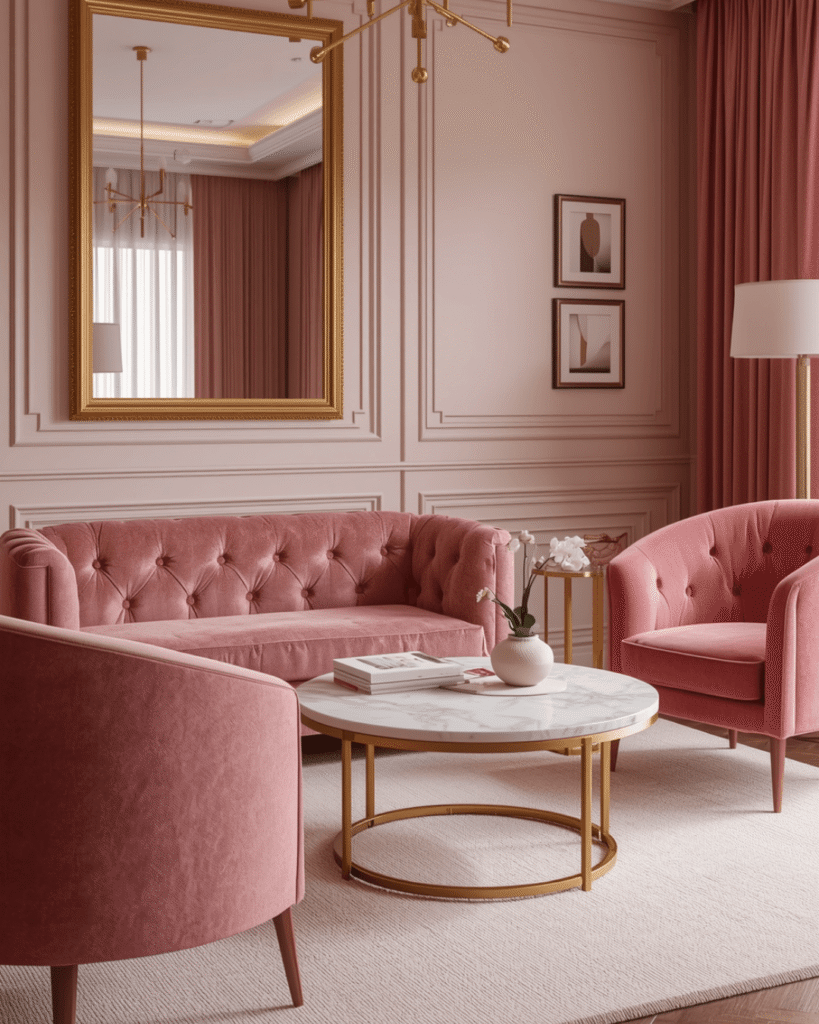 3. Elegant Small Living Room Setup with Marble Table and Soft Textures