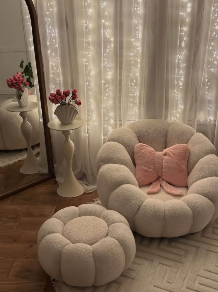  3. Feminine Aesthetic Seating Area with Soft Pink Accents