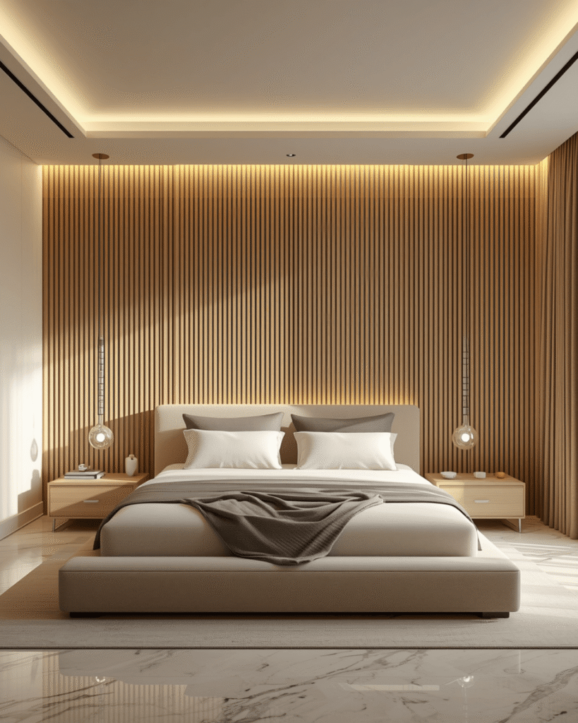 3. Luxury Bedroom with Ambient Lighting and Textured Headboard Wall Ideas