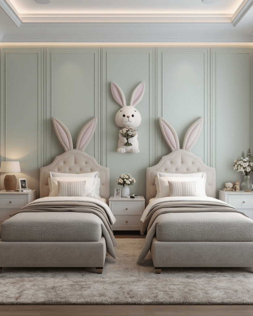 3. Modern Pastel Nursery Bedroom with Cute Bunny Decor