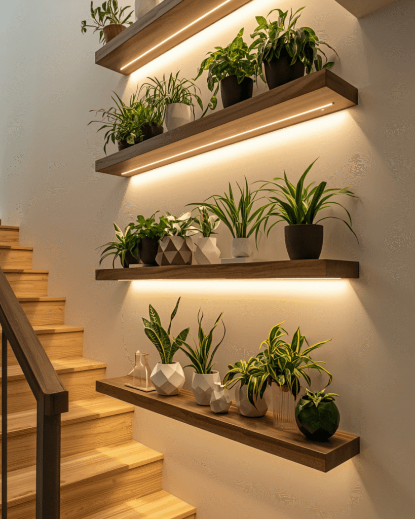3. Staircase Gallery Wall Ideas with Plants and Lighting