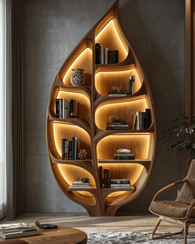 3.Aesthetic Wooden Bookshelf with Warm LED Lighting