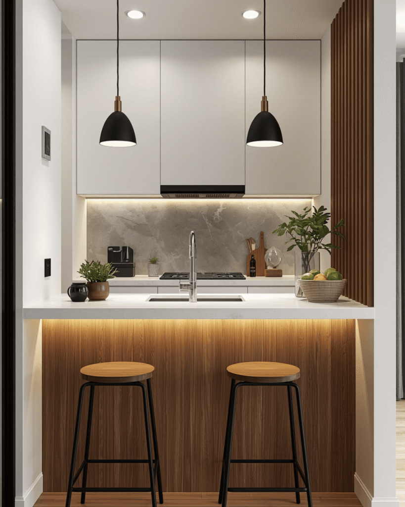 4. Cozy Modern Kitchen with Elegant Lighting