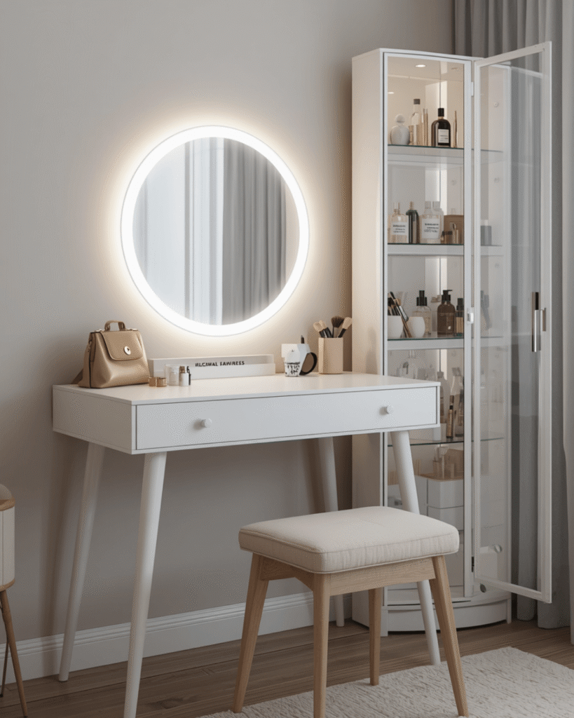 4. Luxury Vanity Table Design with LED Mirror and Display Storage