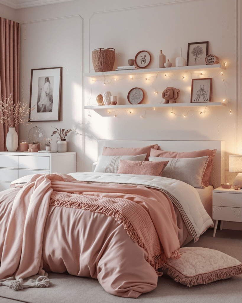 4. Soft Aesthetic Bedroom Ideas with Pink Bedding and Cozy Decor