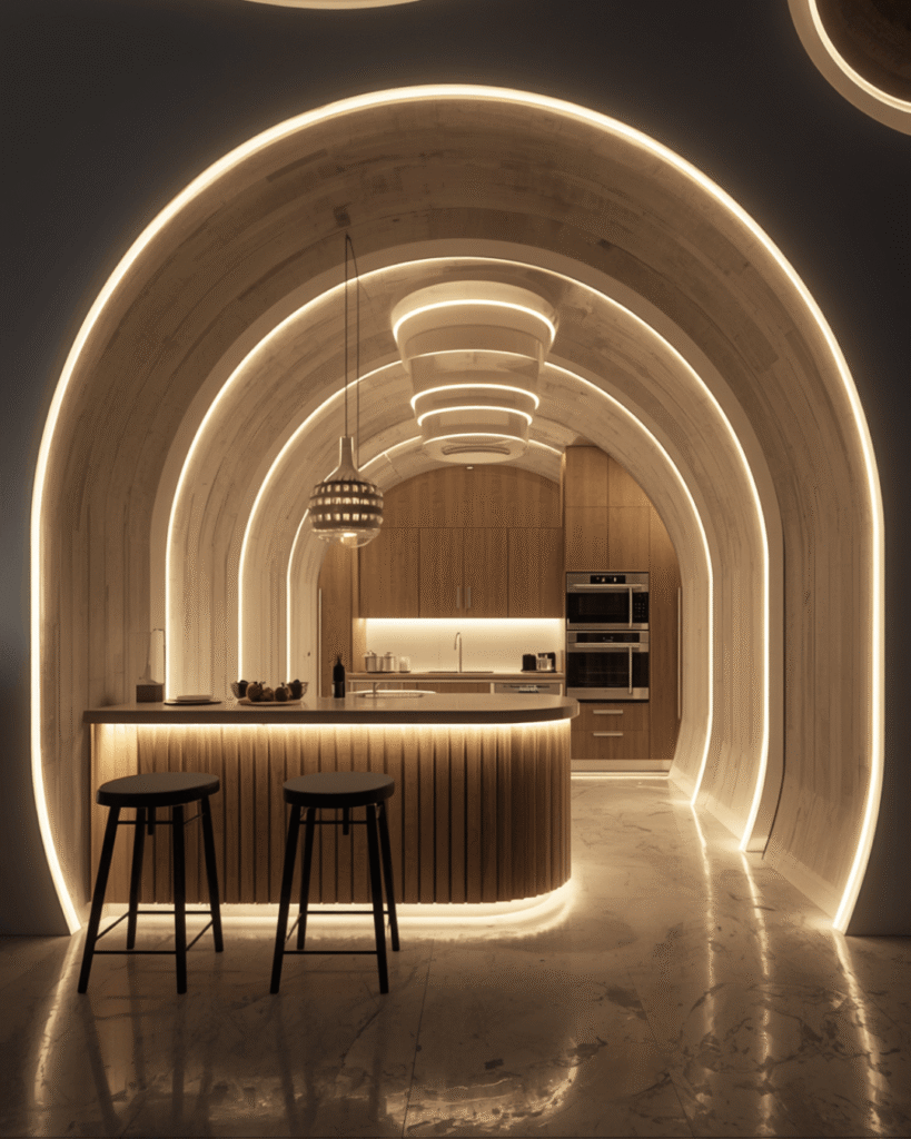 4.Elegant Neutral Kitchen Design with Modern Lighting