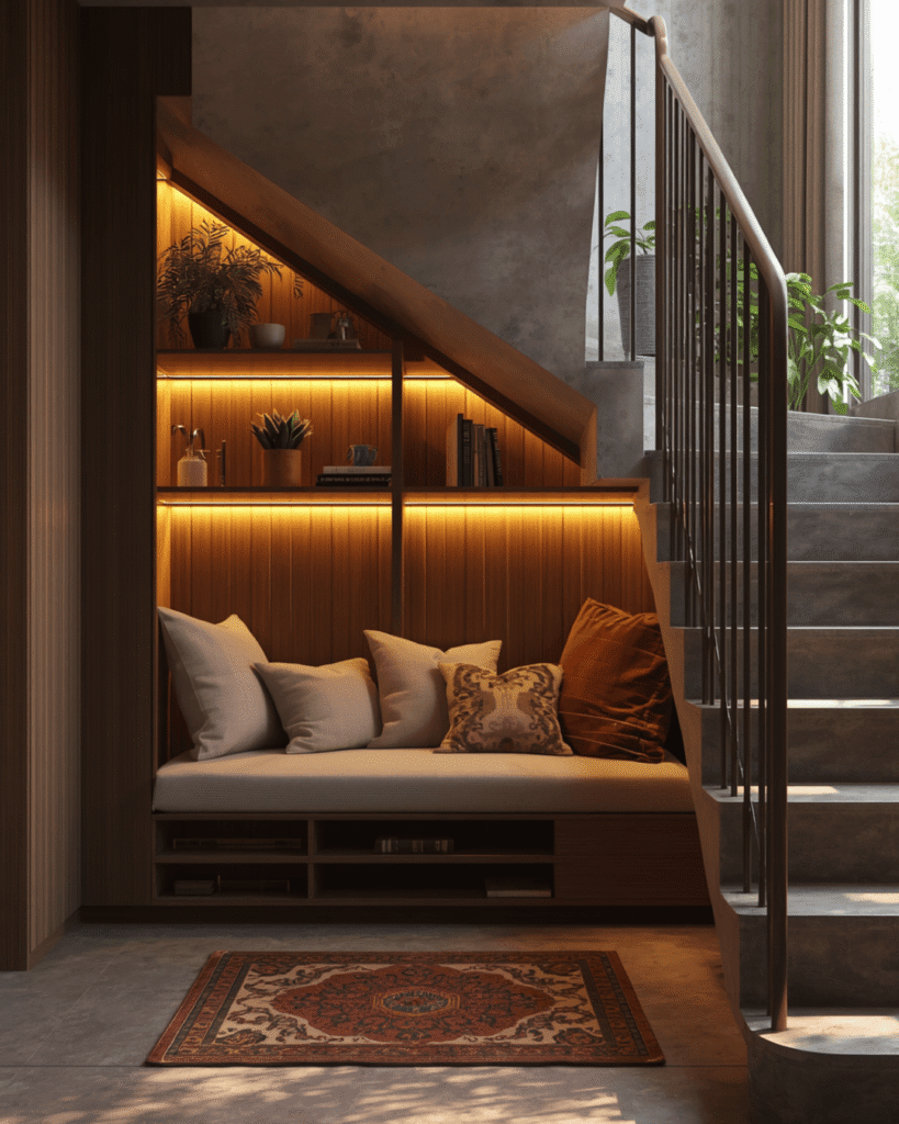 5. Contemporary Staircase Lounge with Built-In Bookshelves
