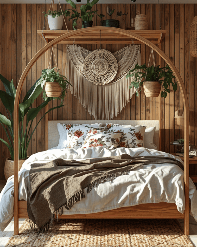 Boho Rustic Bedroom Design Ideas With Wooden Arch And Indoor Plants
