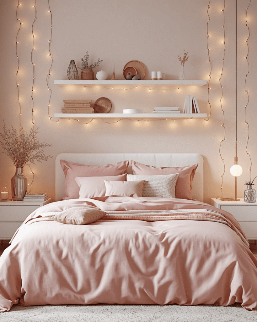 5. Cute and Cozy Bedroom Decor with Fairy Lights and Plush Textiles