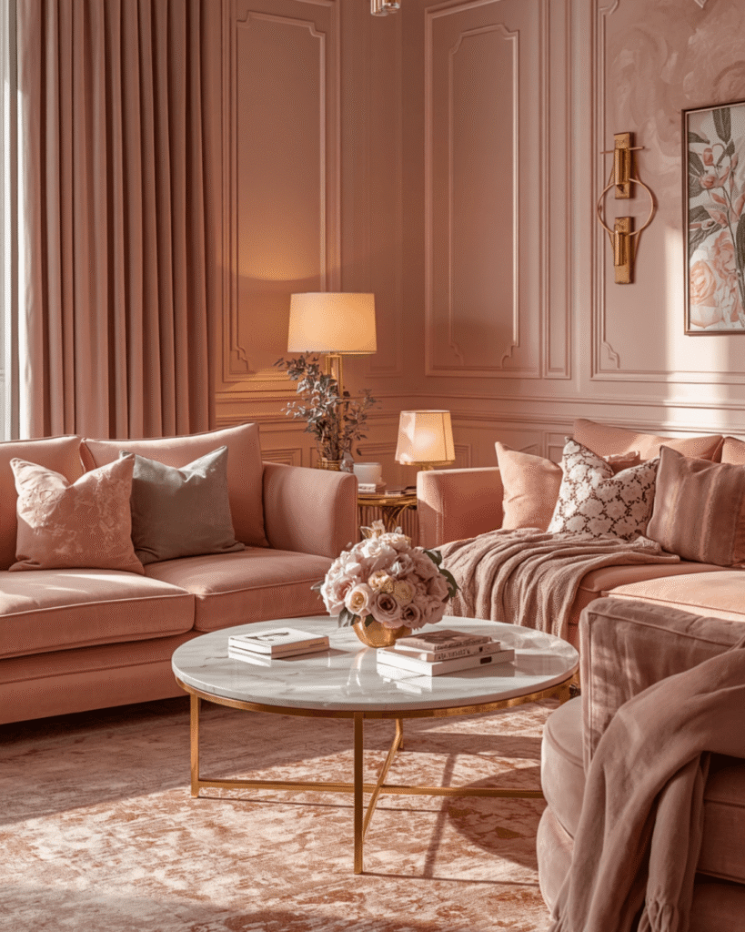 5. Luxury Living Room Decor with Pink Velvet Furniture and Gold Details