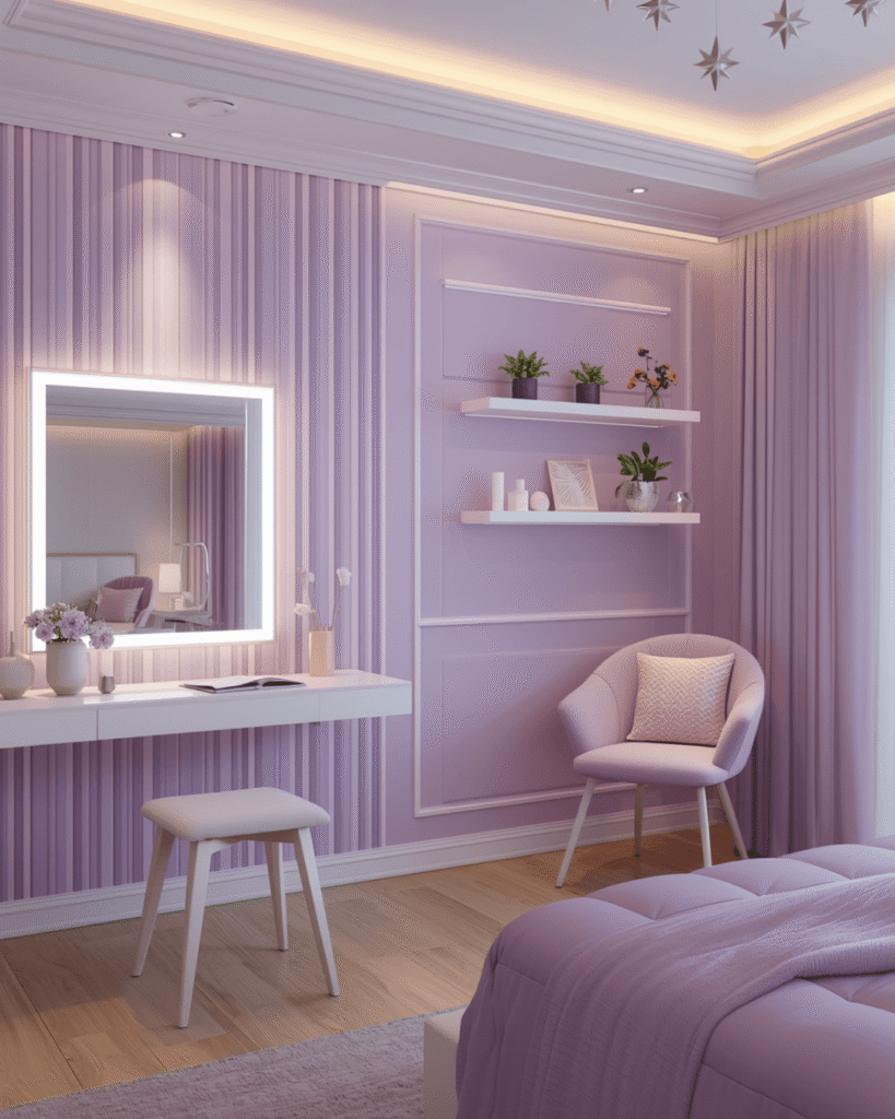 5. Minimalist Pastel Bedroom Design with Modern Vanity Setup
