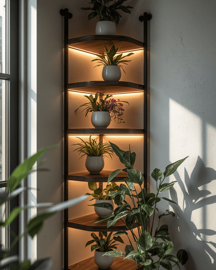 5. Small Space Plant Decor Ideas with Modern Shelf Design