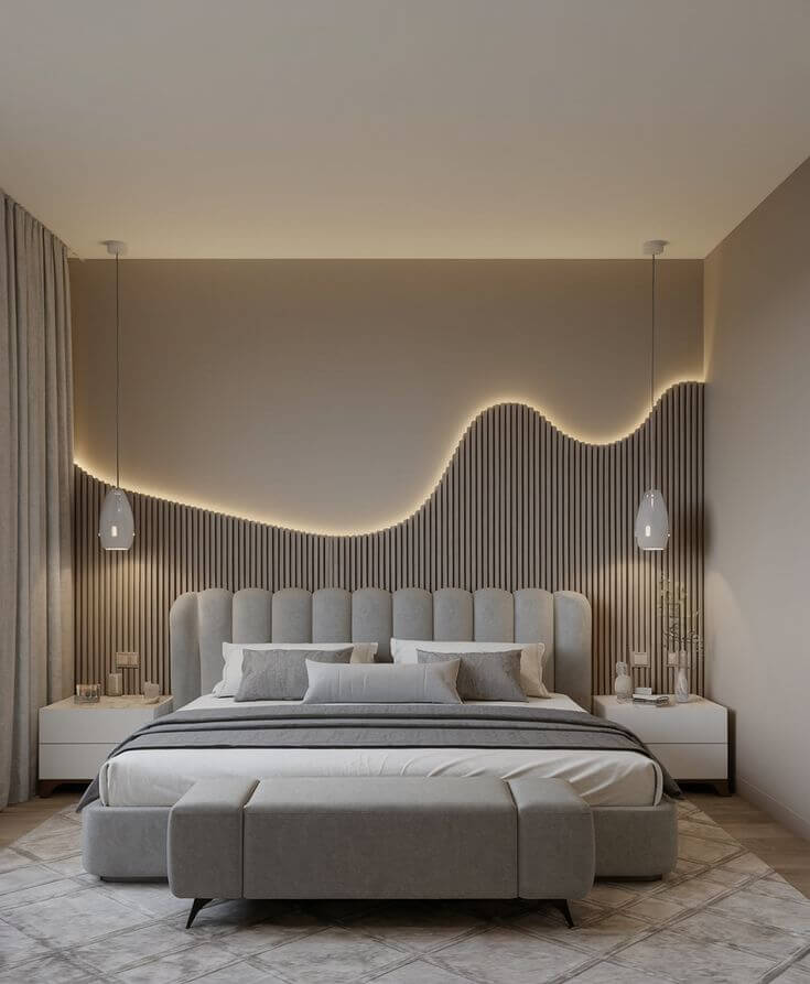 5. Stylish Modern Bedroom with Symmetrical Pendant Lighting Design