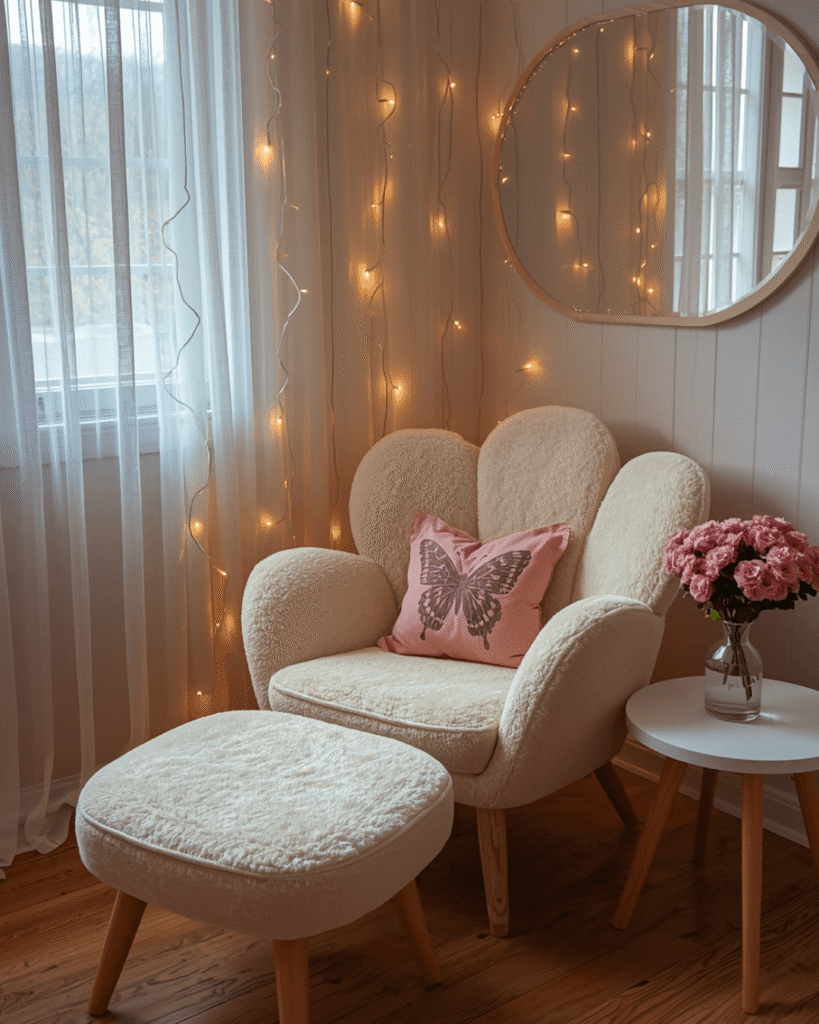  5. Warm and Relaxing Corner with Plush Chair and Fairy Lights