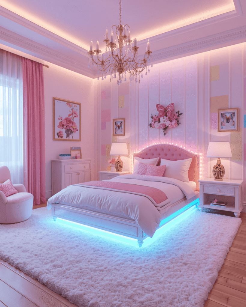 5.Elegant Pastel Kids Room with Rainbow Lighting