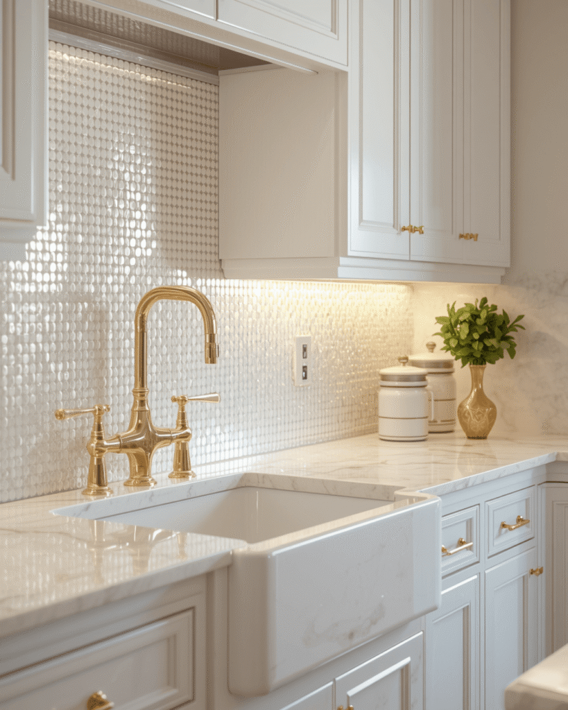 6. Classic White Kitchen Cabinets With Gold