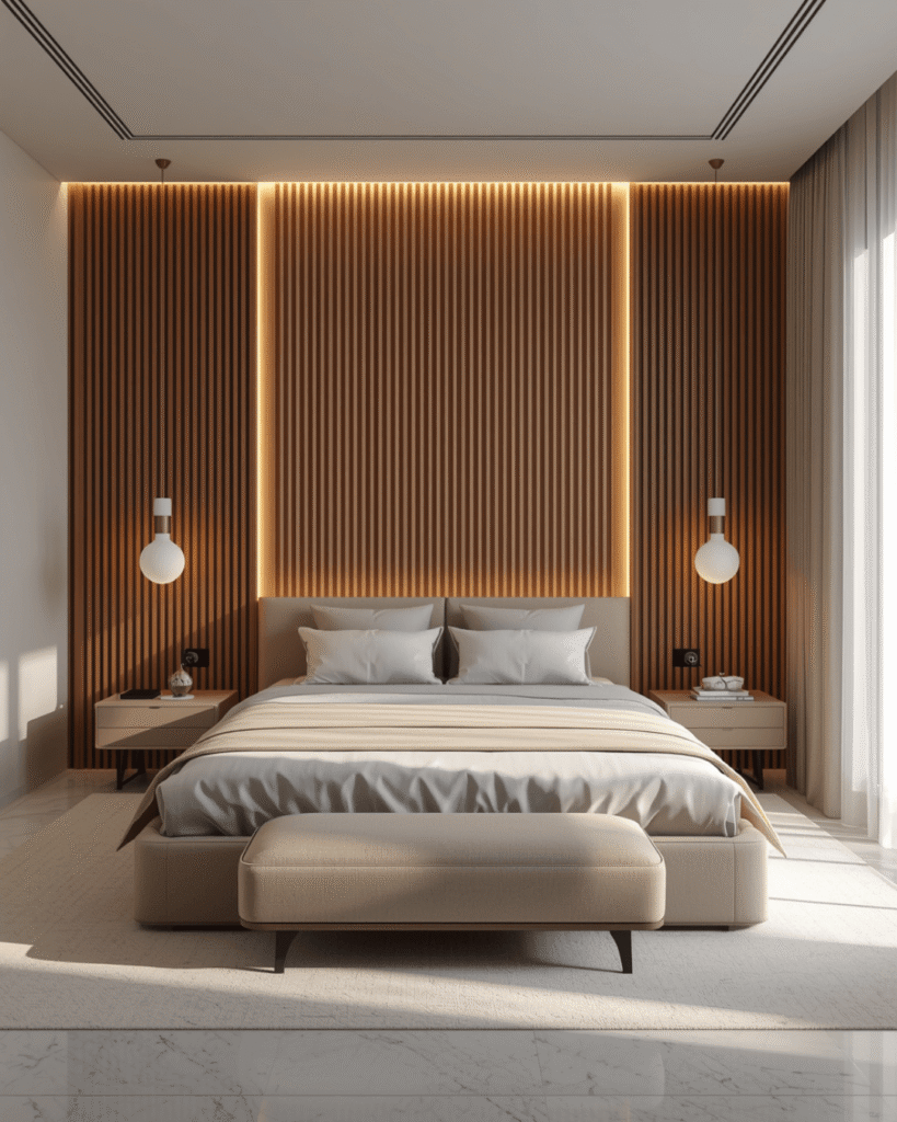 6. Cozy Bedroom Interior with Upholstered Bed and Warm Lighting Ideas